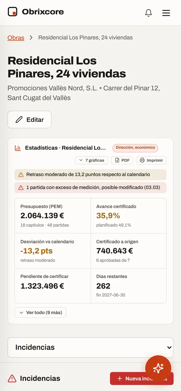 Incidencias de una obra en el móvil con Obrixcore: prioridad, fecha y descripción de cada una