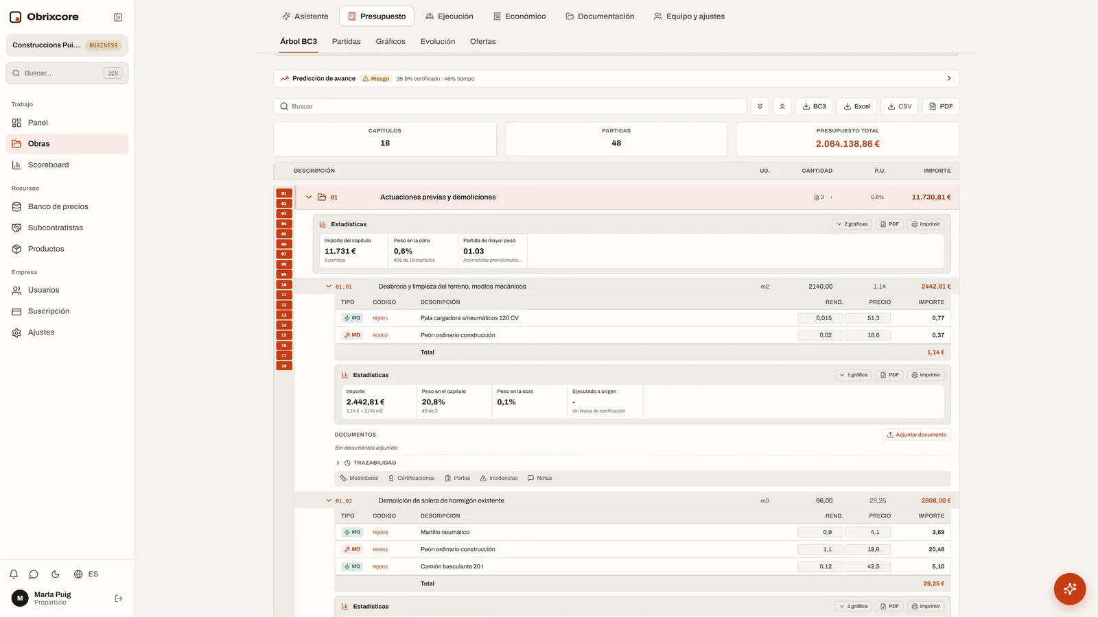Árbol del presupuesto en Obrixcore: capítulos, partidas con su descompuesto de maquinaria y mano de obra, cantidades, precios e importes